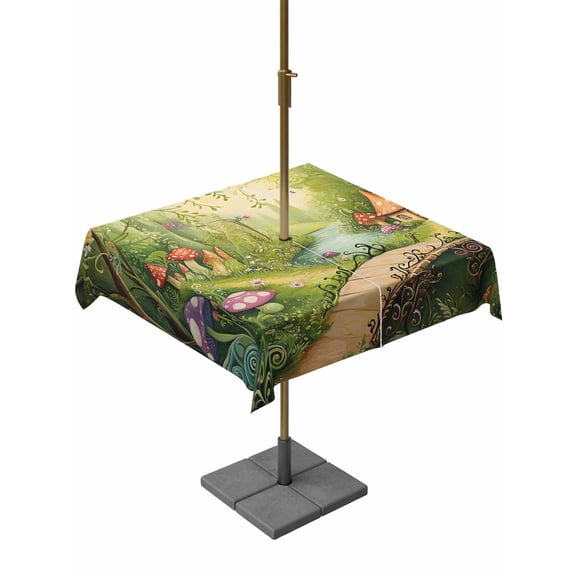 Fairy Tale Forest Square Outdoor Tablecloth with Umbrella Hole Mushroom Wildflower 54x54 Inch Waterproof Table Cover Zippered Table Cloth for Garden Patio