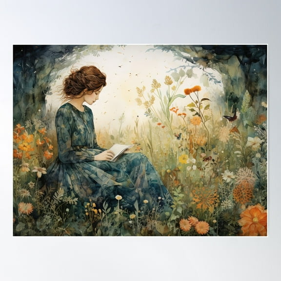 Fairy Tale Girl Reading In The Forest Art Poster Wall Art, Modern Wall Decor For Living Room Bedroom, 24x36 UNFRAMED