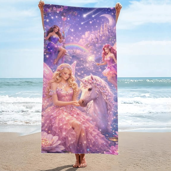 Fairy Tale Magical Princess Rainbow Beach Towel Oversized Sand Free 27.5"x55"