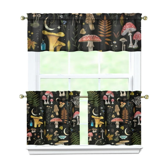Fairy Tale Mushroom Kitchen Curtains Set - 3 PC Rod Pocket Drapes (54x18+2x27.5x24) - Boho Mushroom & Cottagecore Fungi Semi-Sheer Panels