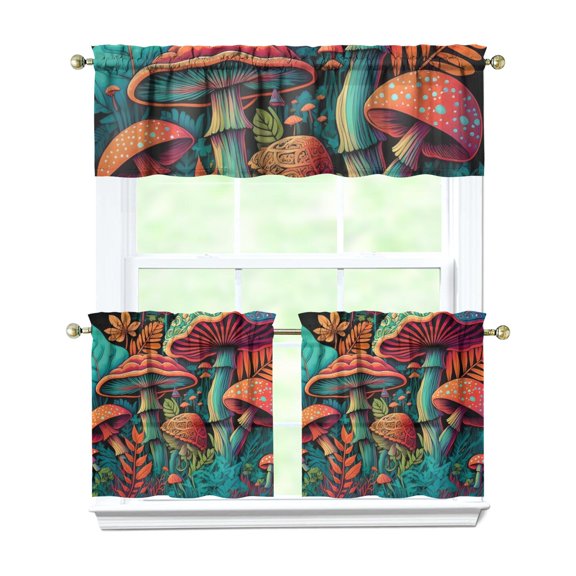 Fairy Tale Mushroom Kitchen Curtains Set Boho Mushroom and Vintage Mushroom Rod Pocket Tier and Valance Magical Forest Mushrooms Style Machine Washable