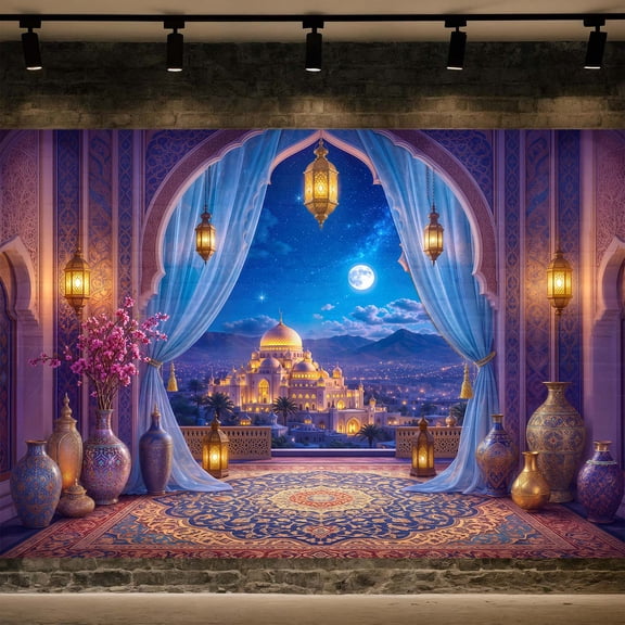 Fairy Tale Night Arabian Palace Backdrop, Islamic Arch Banner,7X5FT