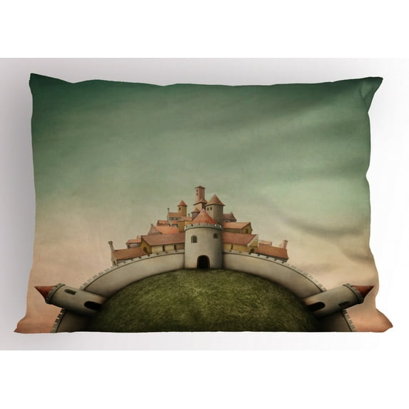 Fairy Tale Pillow Sham Enchanted City Illustration on a Spherical World Medieval Architecture Pattern, Decorative Standard Size Printed Pillowcase, 26 X 20 Inches, Multicolor, by Ambesonne