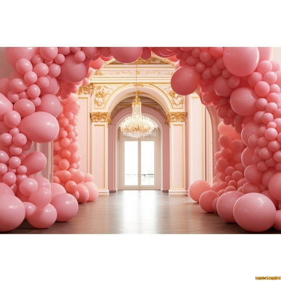 Fairy Tale Pink Castle Backdrop ss Birthday Party Spring Floral Balloons Castle Wonderland Photography Background