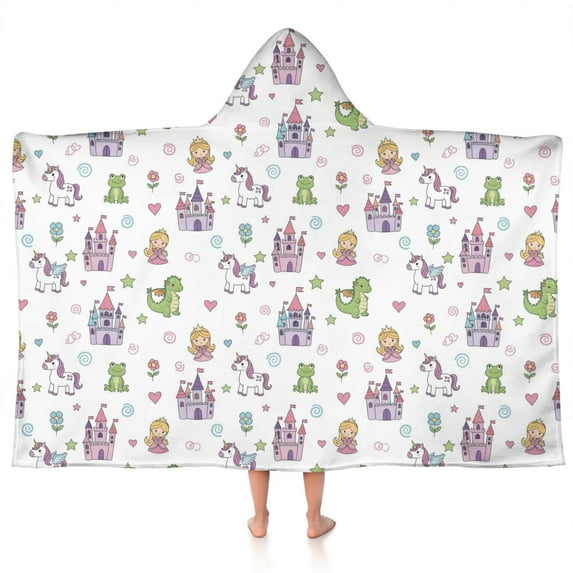 Fairy Tale Princess Pattern Hooded Bath Towel,50"x30" for Ages 3 To 12 Kids, Quick Dry Lightweight Soft Microfiber Hood Beach Towel Cover Up for Kids