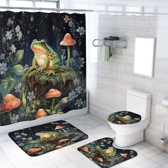 Fairy Tale Shower Curtain Set with Rugs for Bathroom Decor Boho Green Leaves Rustic Frog Mushroom Flower Plant Galaxy with Non-Slip Rugs Toilet Lid Cover and Bath Mat Bathroom Decor Set, 72x72 Inch