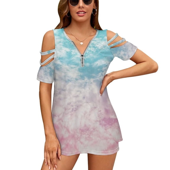 Fairy Tale Sky Backdrop Womens Summer V Neck Zipper Top Short Sleeve T Shirt Off Shoulder Top Casual Classy Loose Shirts