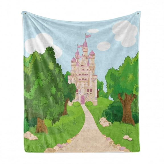 Fairy Tale Soft Flannel Fleece Blanket, Castle from Middle Ages with Pink Toned Flags and Thriving Spring Forest Cartoon, Cozy Plush for Indoor and Outdoor Use, 50" x 70", Multicolor, by Ambesonne