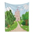 thumbnail image 1 of Fairy Tale Soft Flannel Fleece Blanket, Castle from Middle Ages with Pink Toned Flags and Thriving Spring Forest Cartoon, Cozy Plush for Indoor and Outdoor Use, 70" x 90", Multicolor, by Ambesonne, 1 of 6