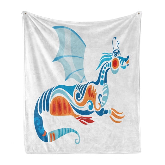 Fairy Tale Soft Flannel Fleece Throw Blanket, Oriental Design Mythologic Dragon Geometric Mosaic Method, Cozy Plush for Indoor and Outdoor Use, 50" x 70", Multicolor, by Ambesonne