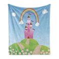 thumbnail image 1 of Fairy Tale Soft Flannel Fleece Throw Blanket, Rainbow Stripe Radiating Between Clouds and Princess Castle Under a Clear Sky, Cozy Plush for Indoor and Outdoor Use, 70" x 90", Multicolor, by Ambesonne, 1 of 6