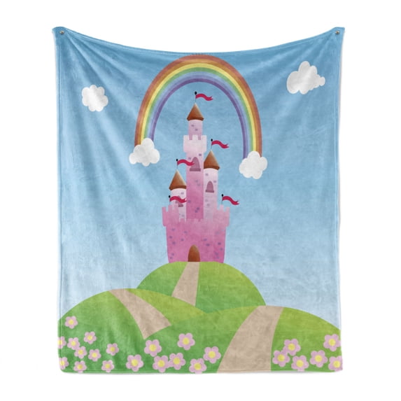 Fairy Tale Soft Flannel Fleece Throw Blanket, Rainbow Stripe Radiating Between Clouds and Princess Castle Under a Clear Sky, Cozy Plush for Indoor and Outdoor Use, 70" x 90", Multicolor, by Ambesonne