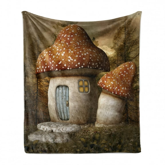 Fairy Tale Soft Flannel Fleece Throw Blanket, Spotted Mushroom House Enchanted Forest with Cloudy Climate Architecture, Cozy Plush for Indoor and Outdoor Use, 60" x 80", Multicolor, by Ambesonne