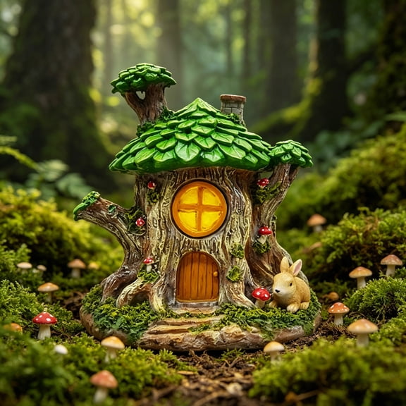 Fairy Tale Style Tree House Resin Ornament Natural Healing Aesthetic Exquisite Craft Fresh Color Design Perfect for Desk Windowsill Miniature Landscape Layout Warm Indoor Home Decoration Sweet Gift