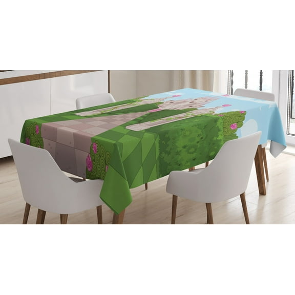 Fairy Tale Tablecloth, Romantic Castle Landscape with Ivy Covered Pillars and Hearts, Rectangular Table Cover for Dining Room Kitchen, 60 X 84 Inches, Pale Blue Green and Rose, by Ambesonne