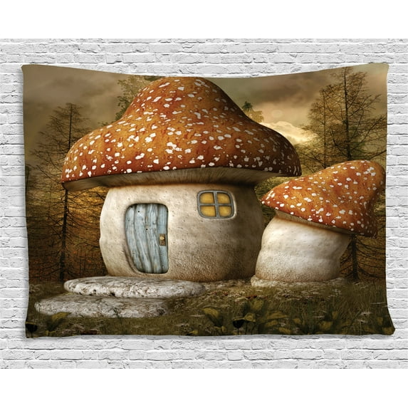 Fairy Tale Tapestry, Spotted Mushroom House Enchanted Forest with Cloudy Climate Magical Architecture, Wall Hanging for Bedroom Living Room Dorm Decor, 80W X 60L Inches, Multicolor, by Ambesonne