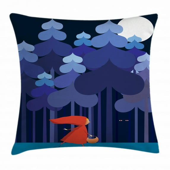 Fairy Tale Throw Pillow Cushion Cover, Cartoon Girl in a Cape Strolling in the Forest with Pair of Eyes Watching Her, Decorative Square Accent Pillow Case, 18 X 18 Inches, Multicolor, by Ambesonne