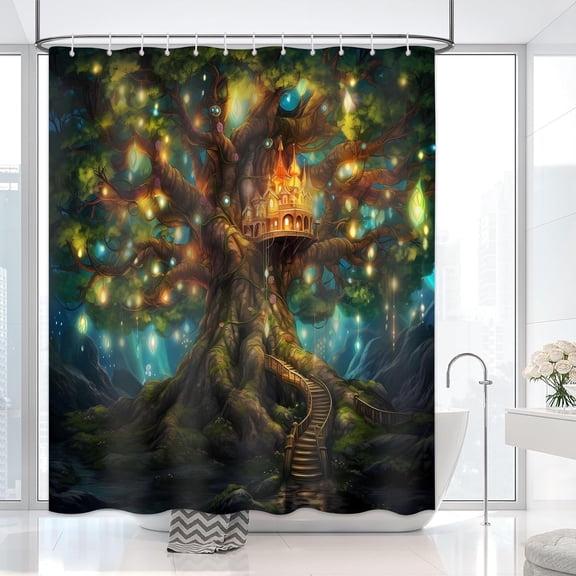 Fairy Tale Tree Shower Curtain for Bathroom, Magic Tree Hippie Hippy Shower Curtain Set Waterproof Fabric Bathtub Curtain Decor with 12 Hooks, 72x72 inches