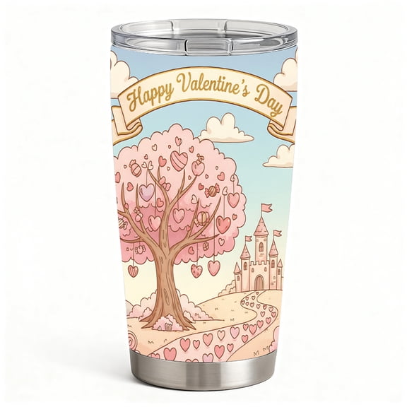 Fairy Tale Valentine Tumbler with Heart Tree, Stainless Steel Insulated Travel Mug with Lid, Romantic Gift for Women