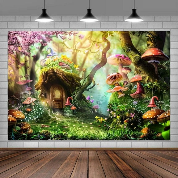 Fairy Tale Wonderland Backdrop Enchanted Mushroom Forest Cartoon Background Kids Girls Princess Birthday Party Baby Shower Party Decorations Banner Photo Booth Props 5X3FT