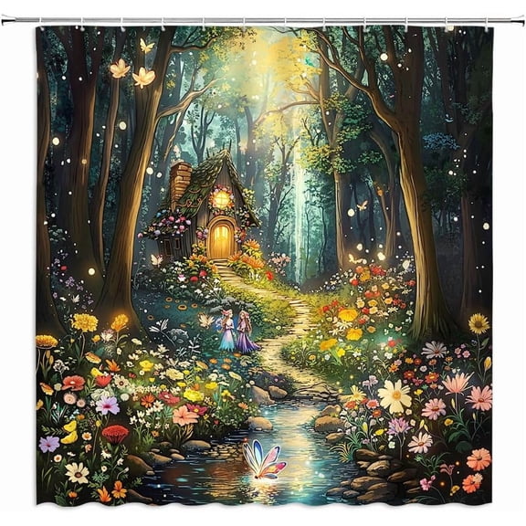 Fairy Tale World Shower Curtain Fantasy Forest Jungle Cartoon Rainforest Spring Wildflower Garden Romantic Polyester Fabric Bathroom Curtain 60x72 Inch
