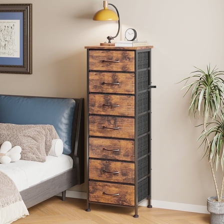 Fairy Tall Dresser with 7 Fabric Drawers, Bedroom Storage Organizer for Closet, Entryway, Hallway, Rustic Brown