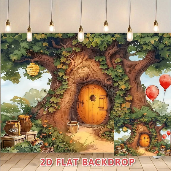 Fairy Tree House Forest Backdrop, Suitable For Themed Party Photography Settings Festival Decoration Scene Arrangement, 2D Flat Fabric Banner For Event Photo Booth Props And Indoor Outdoor Decor