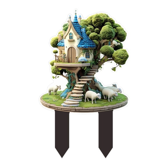 Fairy Tree House Yard Stake Outdoor Garden Lawn Decor Fantasy Elf Cabin Ornament Weather Resistant Nature Landscape Decoration For Backyard Patio Flower Bed Farm Lawn