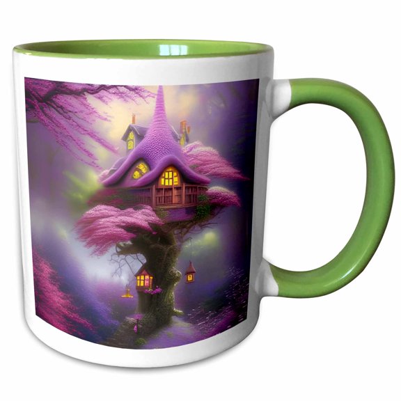 3drose, Fairy Treehouse in the Blooming Redbud Tree, 11oz Two-tone Green Mug
