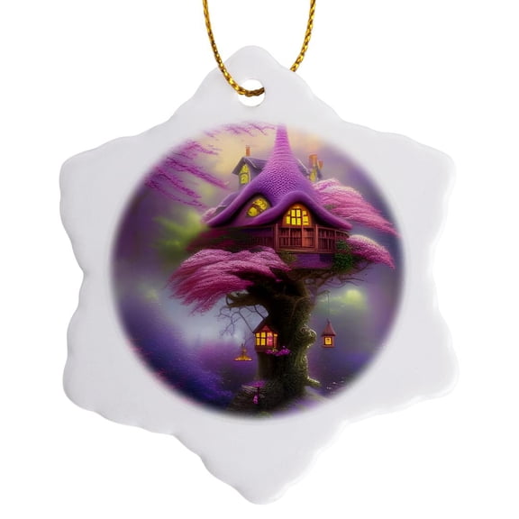 3drose, Fairy Treehouse in the Blooming Redbud Tree, 3 inch Snowflake Porcelain Ornament