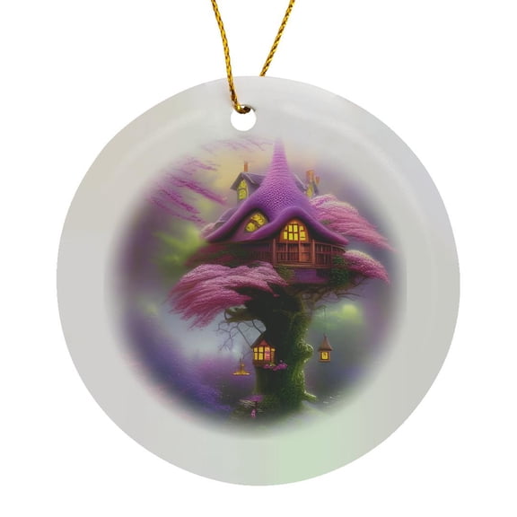3drose, Fairy Treehouse in the Blooming Redbud Tree, Circle Porcelain Ornament