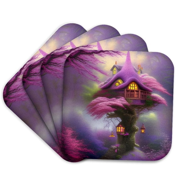 3drose, Fairy Treehouse in the Blooming Redbud Tree, Set of 4 Coasters - Soft