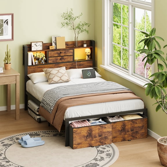 Fairy Twin Bed Frame with Bookcase Headboard, LED Light Strip & Charging Station, Platform Bed with 2 Storage Drawers, Rustic Brown