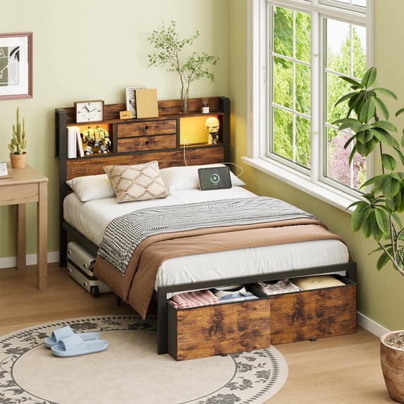 Fairy Twin Bed Frame with Bookcase Headboard, LED Light Strip & Charging Station, Platform Bed with 2 Storage Drawers, Rustic Brown