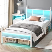 Fairy Twin Bed Frame with Charging Station, Metal Platform Bed with LED Lights, White