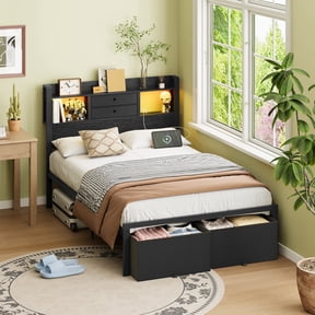 Fairy Twin Bed Frame with Storage Headboard, LED Lights & Charging Station, Metal Platform Bed with 2 Drawers, No Box Spring Needed, Black