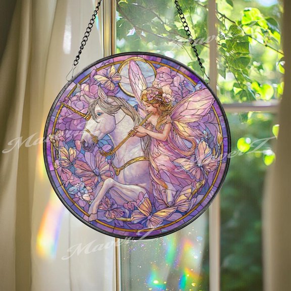 Fairy Unicorn Glass Suncatcher, Round Fantasy Window Panel, Butterfly Magic, 3.5 in