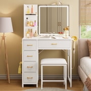 Fairy Vanity Desk Lighted Mirror 5 Drawers Power Outlet Side Hooks Hair Dryer Holder Stool Table Set White