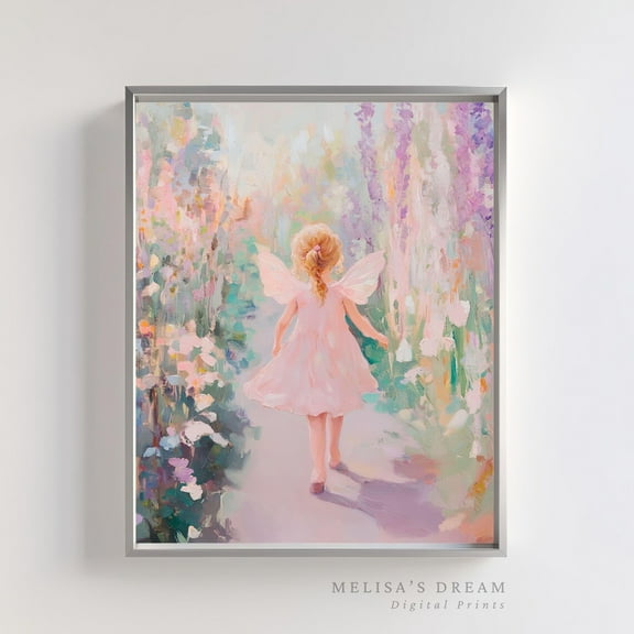 Fairy Wall Art Print Girl In Garden – Pastel Nursery Decor, Whimsical Fairy Tale, Fantasy Flower Path Painting Wall Art, Modern Wall Decor, 8x12 UNFRAMED