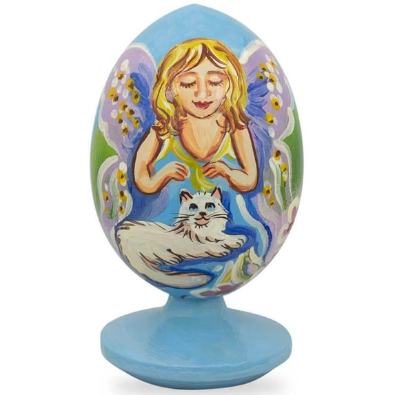 Fairy White Cat in Garden Wooden Figurine