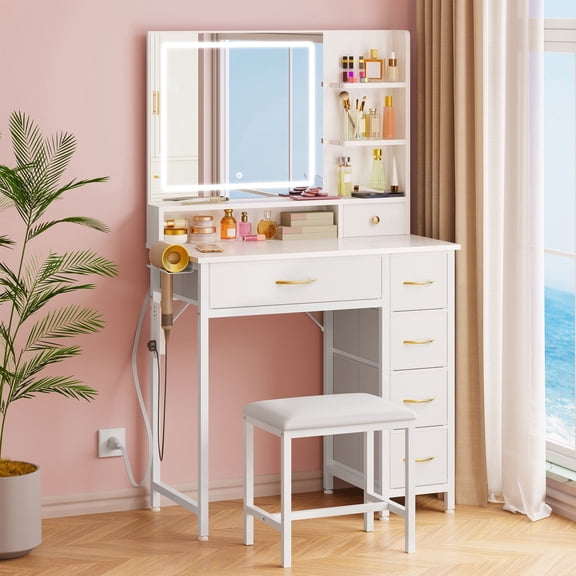 Fairy White Makeup Vanity Desk with LED Mirror, 6 Drawers, Charging Station, 3-Tier Shelves, Hair Dryer Holder and Stool