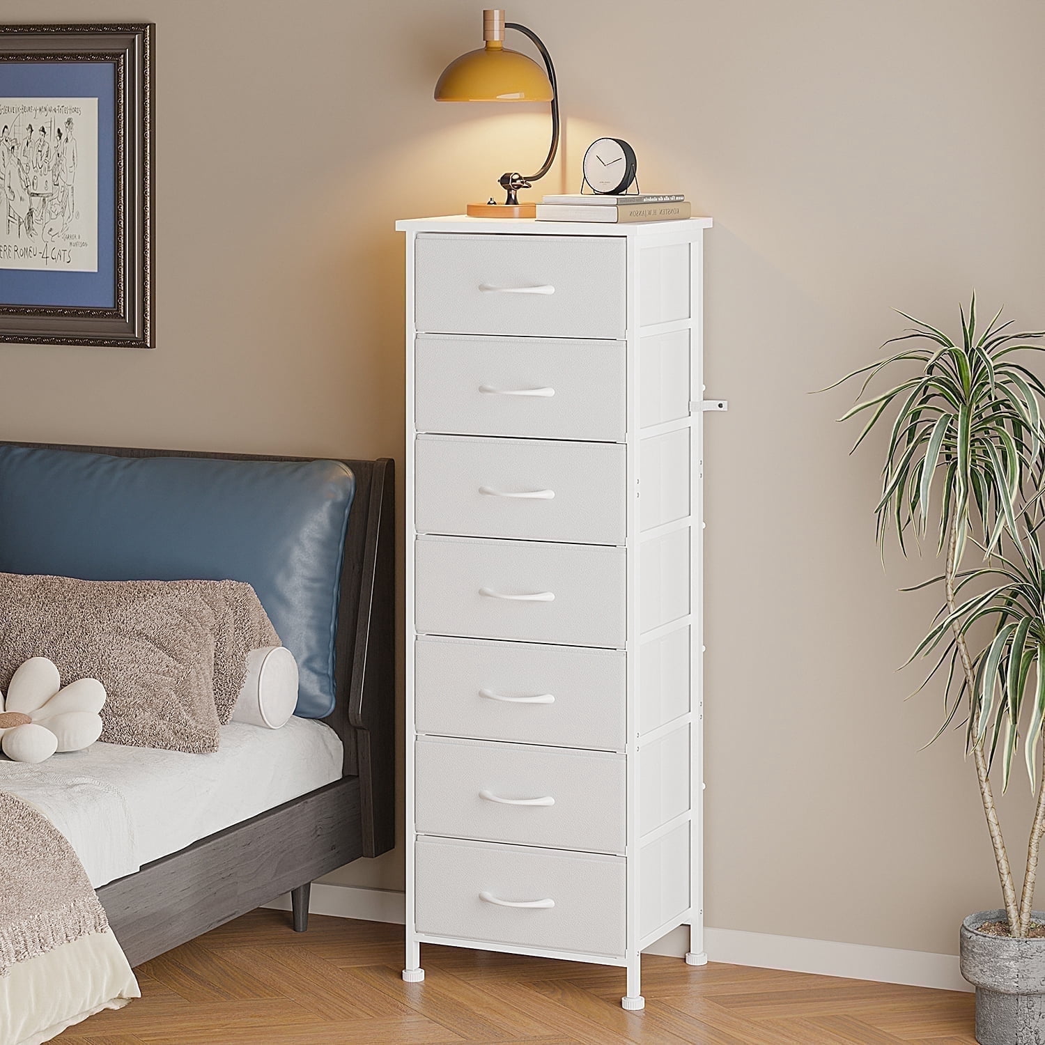 Fairy White Tall Dresser with 7 Fabric Drawers, Bedroom Storage Organizer  for Closet, Entryway, Hallway