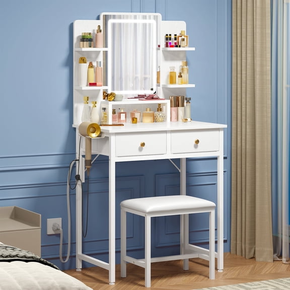 Fairy White Vanity Desk with LED Mirror, Makeup Vanity Table with Charging Station, 2 Drawers, 6 Shelves and Stool