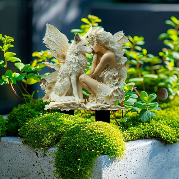 Fairy and White Wolf Acrylic Outdoor Decor, Resin Sculpture with Fairies Butterflies and Mushroom Garden Decorations for Patio Lawn Yard Porch Outside