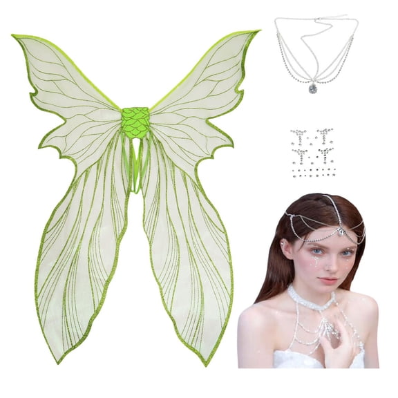 Fairy Wings for Adults, Fairy Costume Set with Rhinestone Head Chain and Face Gems for Party, Cosplay, Halloween