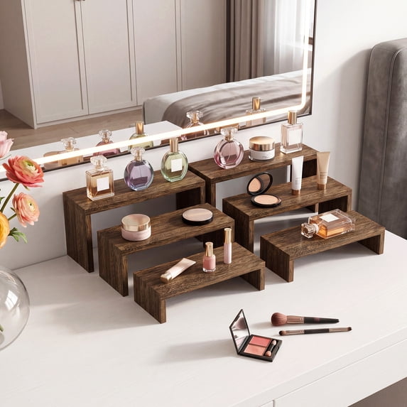 Fairy Wooden Display Risers Set of 6, Rustic Wood Countertop Organizer Stand for Perfume, Makeup, Skincare, Collectibles and Kitchen Display