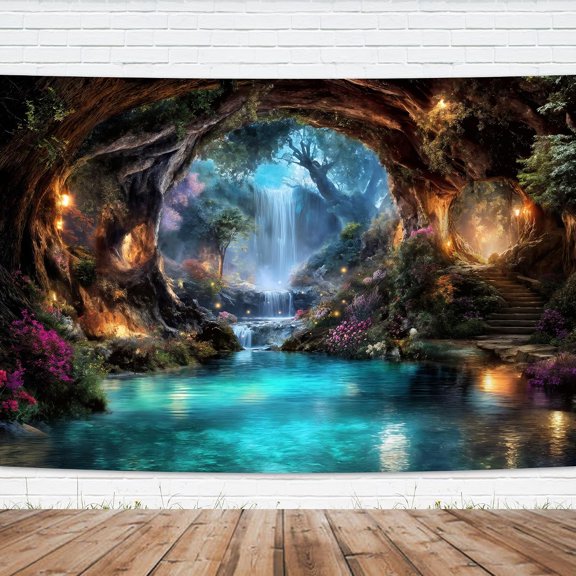 Fairy Woodland Backdrop Enchanted Teal Spring Flower Green Tree Waterfall Background Magic Nature Party Decorations Banner Photo Booth Props