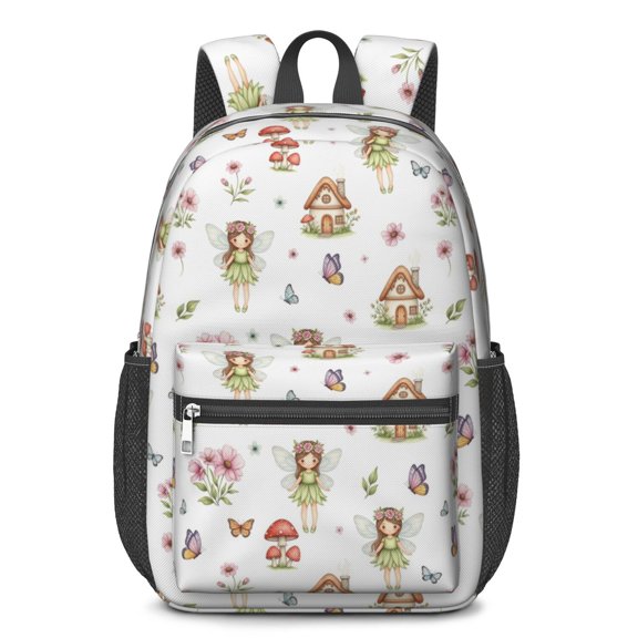 Fairy and Butterfly White Pattern 17" School Backpacks for Teens,Waterproof Oxford Fabric,S-Shape Padded Straps for School,Travel,Hiking,Camping