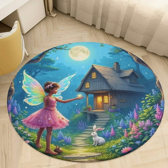 Fairy in Moonlit Garden Round Area Rugs for Bedroom Living Room, 5FT Soft Indoor Circle Carpets, Carpet Home Decor Floor Mat
