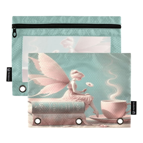 Fairy on Book with Coffee 2 Pack Pencil Pouch for 3 Ring Binder Smooth Zipper Folders with Pockets Clear Window Pencil Case